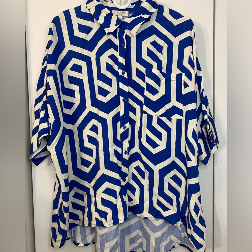 Umgee Geometric Blue and White Women's Top